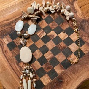 NWOT Wood, Shell, & Faux Pearl Necklace w/ Tassel